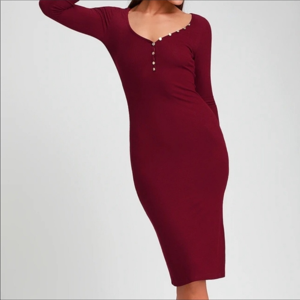 Lulus Ribbed Long Sleeve Bodycon Midi Dress